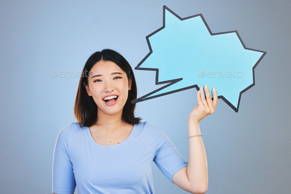 Speech bubble, woman voice and student presentation, chat or communication for college opportunity