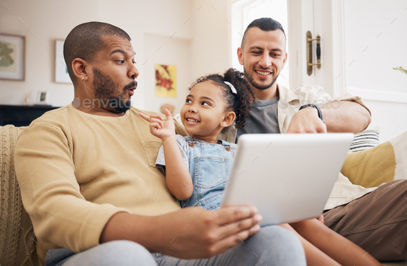 Tablet, gay family and child on home sofa for e learning, watch video and education on internet. Ad