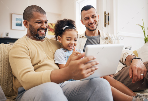 Gay family, tablet and child on home sofa for learning, communication and education on internet. Ad