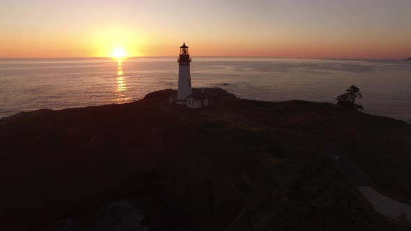 Aerial view of Yaquina Bay Lighthouse at sunset, Newport, Oregon alt