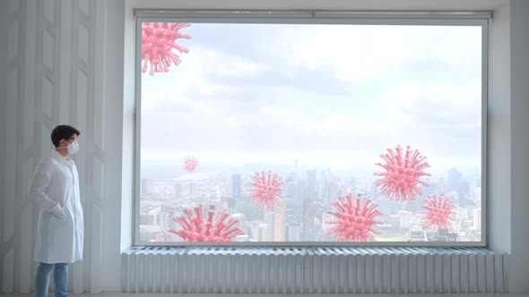 Scentist or Doctor Looking at Covid Viruses Outside Labaratory or Hospital, Scared and Waiting alt