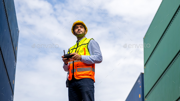 Smart industrial foreman standing on containers stack controlling at warehouse