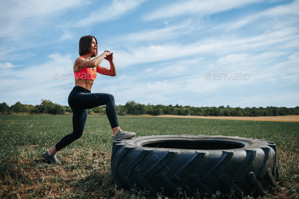 Outdoor Crossfit Workout Determined Woman Training with Tire