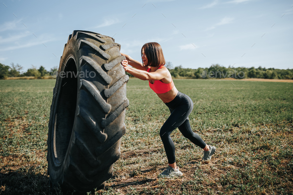 Fit and Determined CrossFit Woman Exercising with a Wheel Outdoors