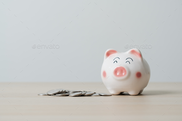 Happy save money coin in piggy bank for investment, safe, tax, and other plan
