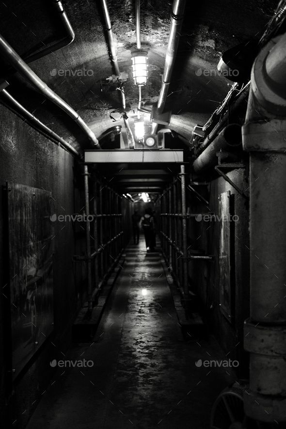 Grayscale of a narrow corridor in a dark underground bunker