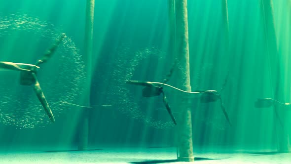 Animation of underwater tidal dual turbines working. Clean energy. Loopable. HD alt