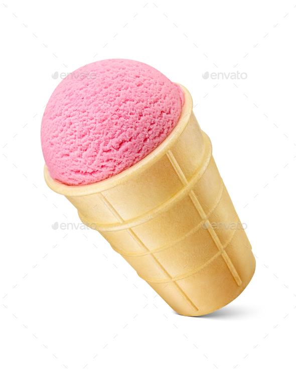 Pink ice cream in a sugar crispy waffle cone isolated on white. Stock Photo  by Ha4ipuri