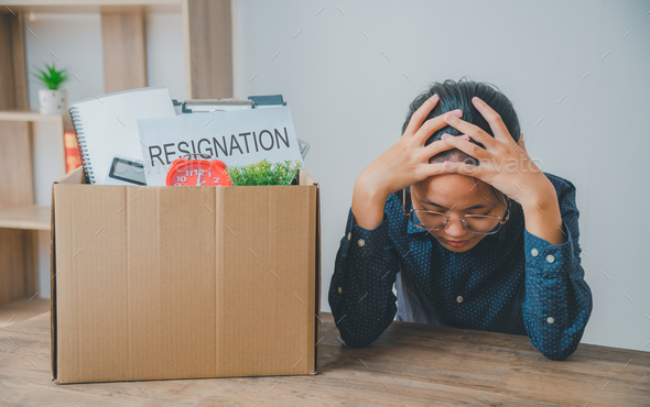 Female company employee stressed and fed up after quitting her job