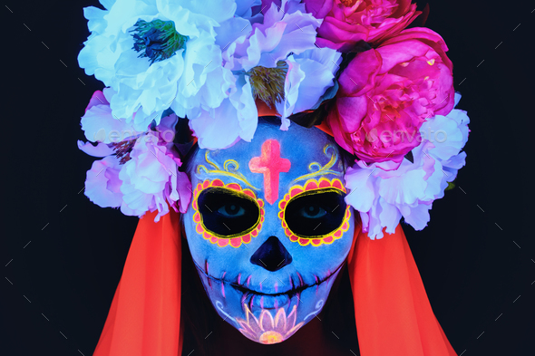 Creative image of Sugar Skull. Neon makeup.