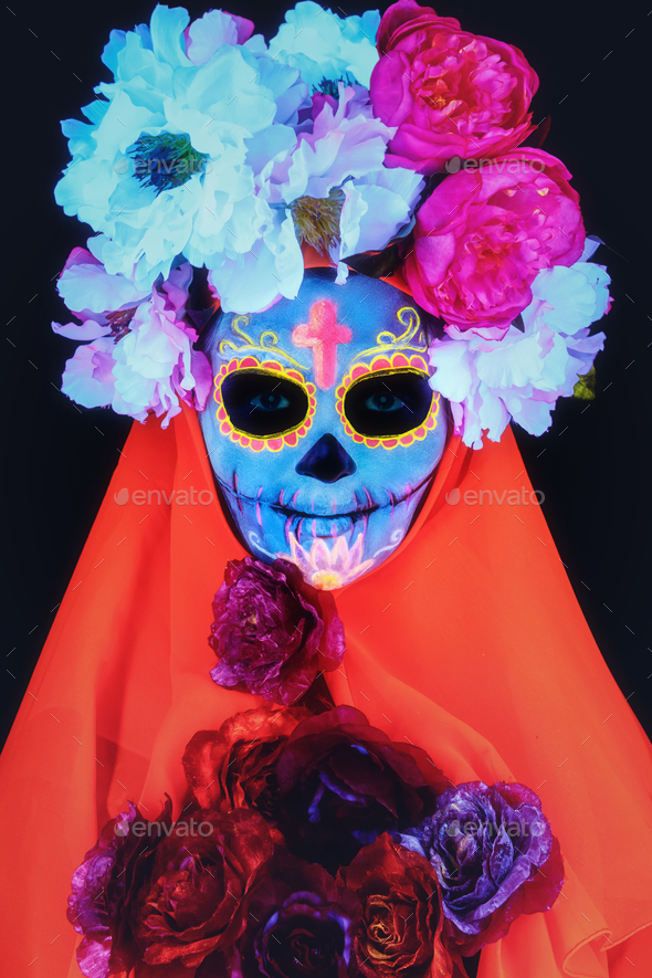 Creative image of Sugar Skull. Neon makeup.