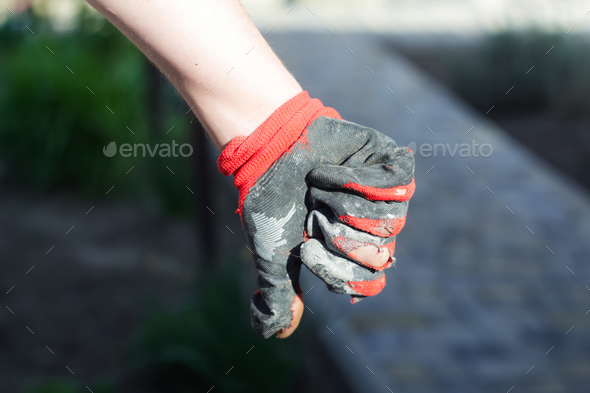 dislike gesture. Worn dirty and leaky gloves. Open palms of hands in ...