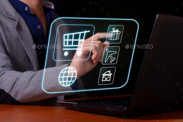 Man making a purchase of products in a virtual store from his laptop. Stores and virtual commerce.