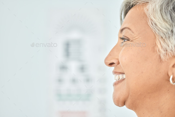 Side profile, face and mockup of a woman for optometry, vision test and exam for healthcare. Smile,