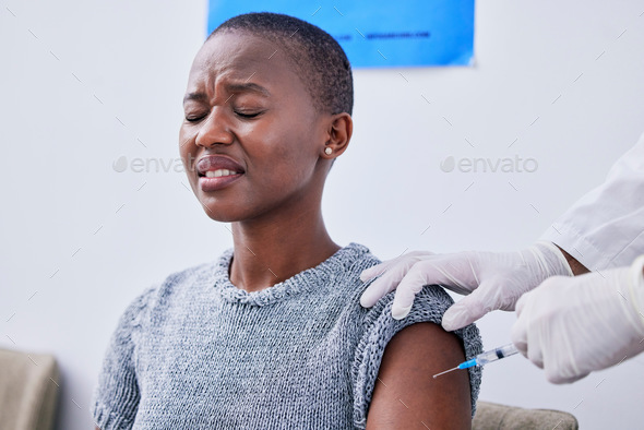 Vaccine, injection and black woman with fear in clinic for virus protection, vaccination and flu sh