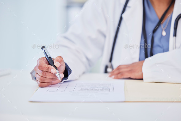Doctor, hands and writing, health insurance paperwork and compliance with trust, help and healthcar