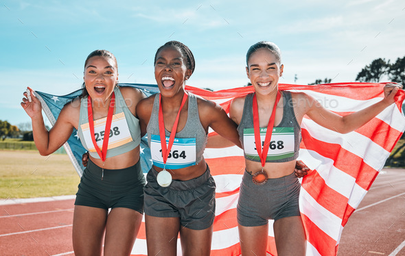 Athletics winner, portrait and sports women celebrate winning medal, competition award or event cha