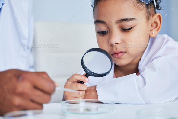 Science Child Potrait Child, science and girl with a magnifying glass in laboratory learning ...