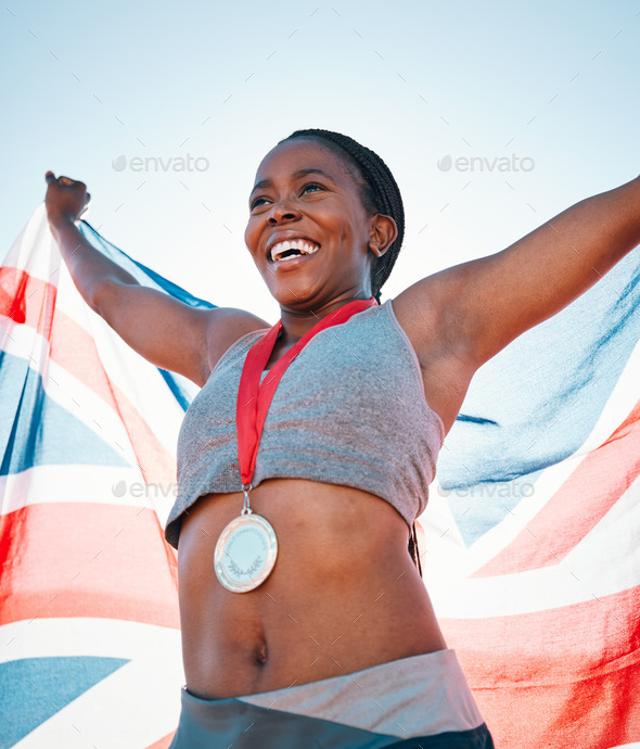 Fitness, winning and black woman with achievement, UK flag and sports with competition, victory and