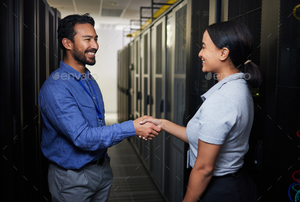 Handshake, partnership or happy people in server room of data center for network help with IT suppo