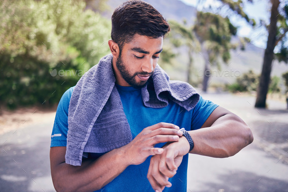 Pulse check, man and fitness watch with training results, towel and time monitoring of run outdoor.