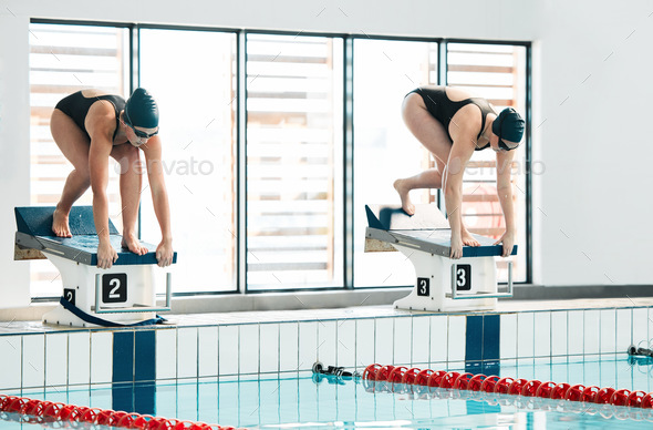 Sports, swimming pool or women on block to start jumping in workout, exercise or fitness training.