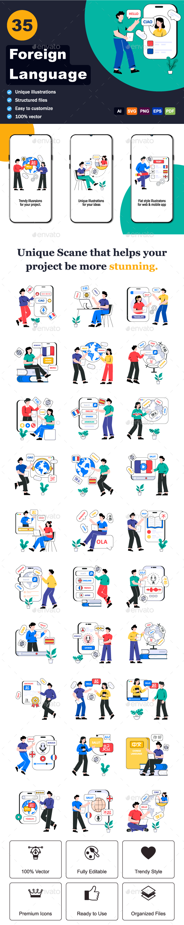 35 Foreign Language Illustrations