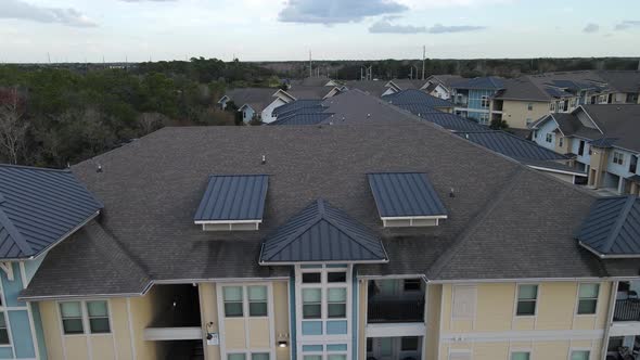 Steel roofing gables in a large apartment complex alt