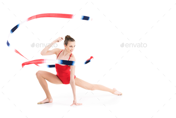 Flexible Professional Female Gymnasts Doing Rhythmic Gymnastics in Gym,  Beautiful Girls Exercising with Sports Equipment Vector Illustration, Stock vector