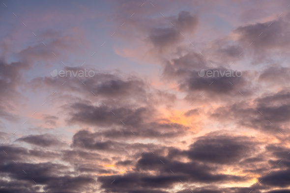 Landscape photo of big, pink cumulonimbus clouds in a stormy sky at sunset. Moody sunrise sky.