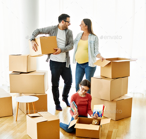 child family box home house moving happy apartment pregnant mother