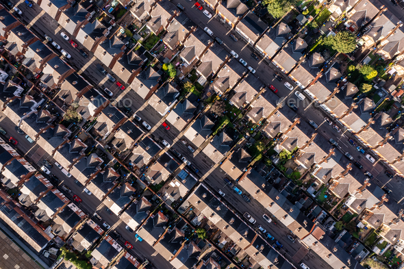 Aerial view directly above above rows of back to back terraced houses on a large council estate