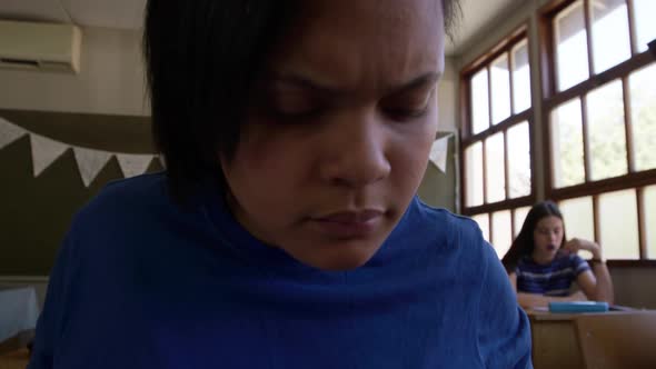Portrait of teenage girl in a school classroom alt