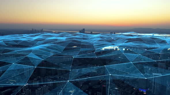 smart Connected city skyline. Futuristic network concept, city Technology. alt