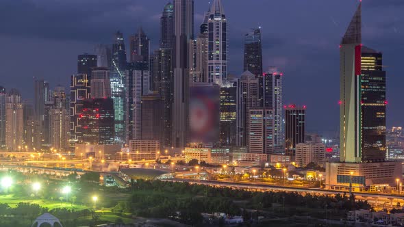 Dubai Marina Skyscrapers and Golf Course Night to Day Timelapse Dubai United Arab Emirates alt