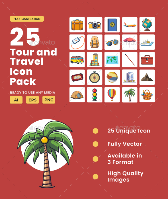 Tour and Travel 2D Icon Illustration Set Vol 1
