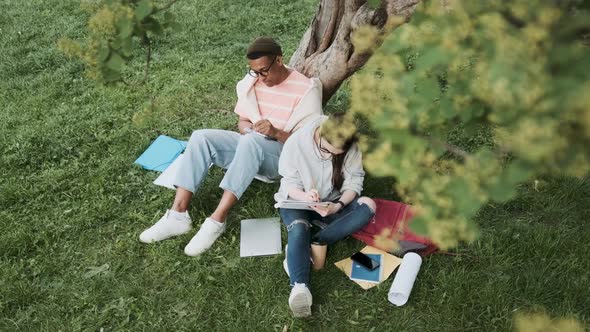 Couple of International Students Working on Homework Together Sitting on the Lawn Near the Tree alt