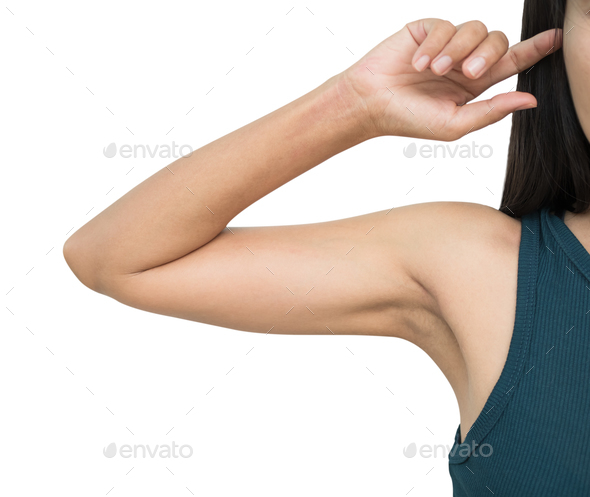 Sagging Flabby skin Arm Naked, Slim Hand Woman isolated