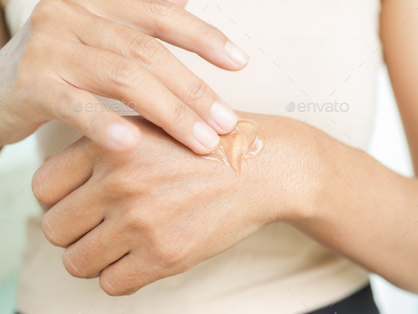 Woman Apply Aloe Vera Gel Cream Lotion on Skin Arm after Shower