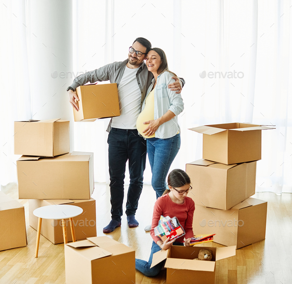 child family box home house moving happy apartment pregnant mother