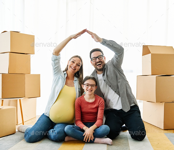 child family box home house moving happy apartment pregnant mother