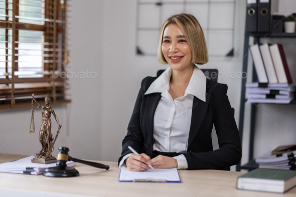 Happy smiling ceo manager Female judge in a courtroom at office space, possibly real estate, lawyer,
