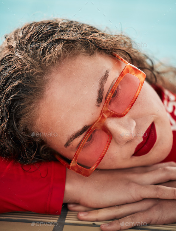 Face, summer and sunglasses with a woman lifeguard on duty closeup in a  swimming pool for safety. F Stock Photo by YuriArcursPeopleimages