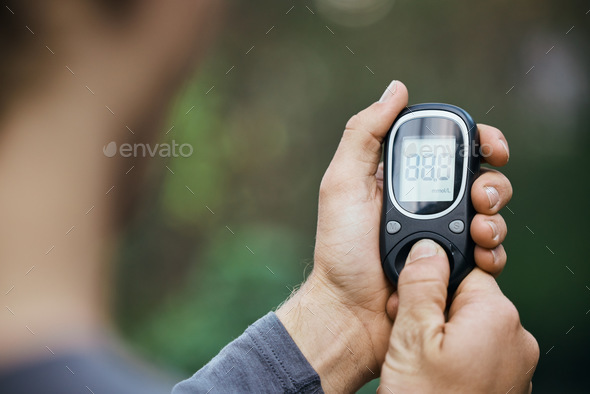 Glucose, fitness and hands with glucometer for diabetes and blood sugar test, check and monitor. He