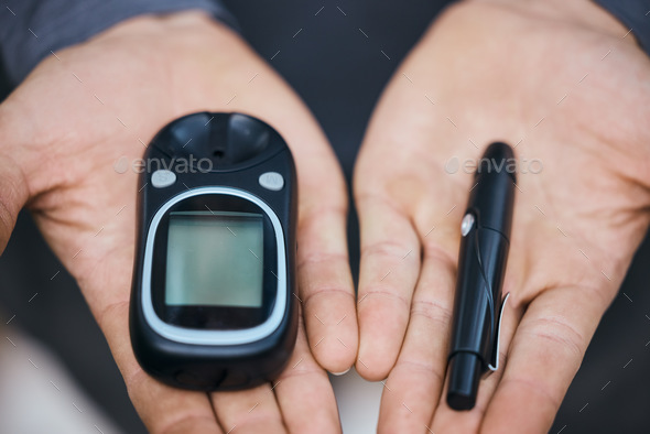 Glucose, glucometer and hands with needle for diabetes and blood sugar test, check and monitor. Hea