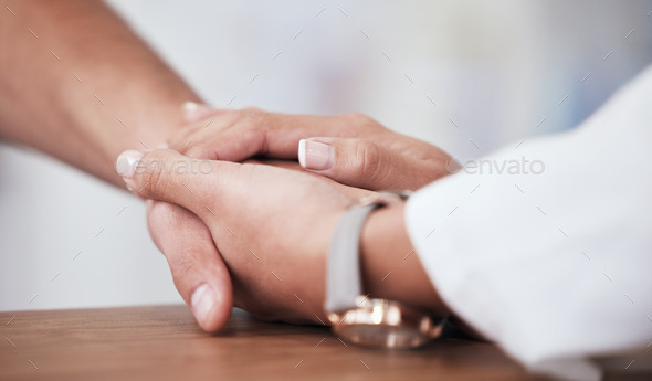 Hospital consultation, doctor holding hands or person support client with cancer diagnosis, crisis