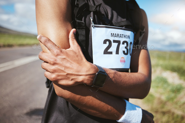 Arm injury, marathon runner and person massage bruise problem, muscle ache or sore anatomy risk fro