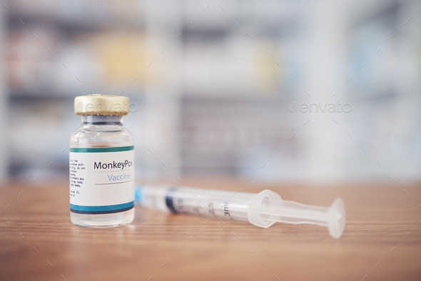 Background of monkeypox vaccine, bottle and injection for protection, safety and healthcare risk in