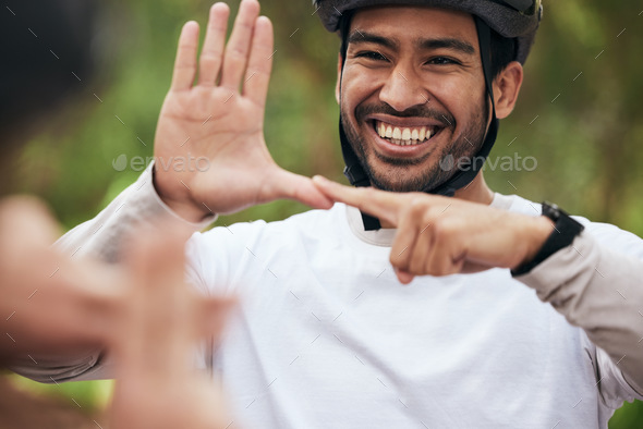 Cycling, sign language and a man in training outdoor for fitness or communication with a deaf frien