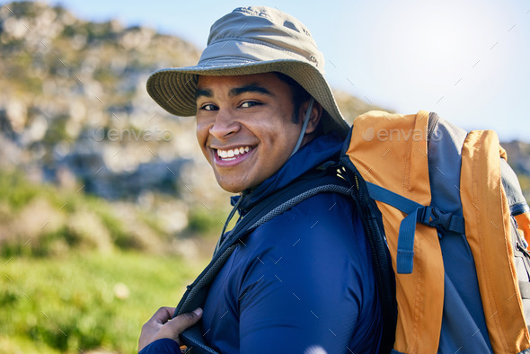 Portrait, hiker or happy man in nature walking on outdoor adventure for  camping on holiday vacation Stock Photo by YuriArcursPeopleimages
